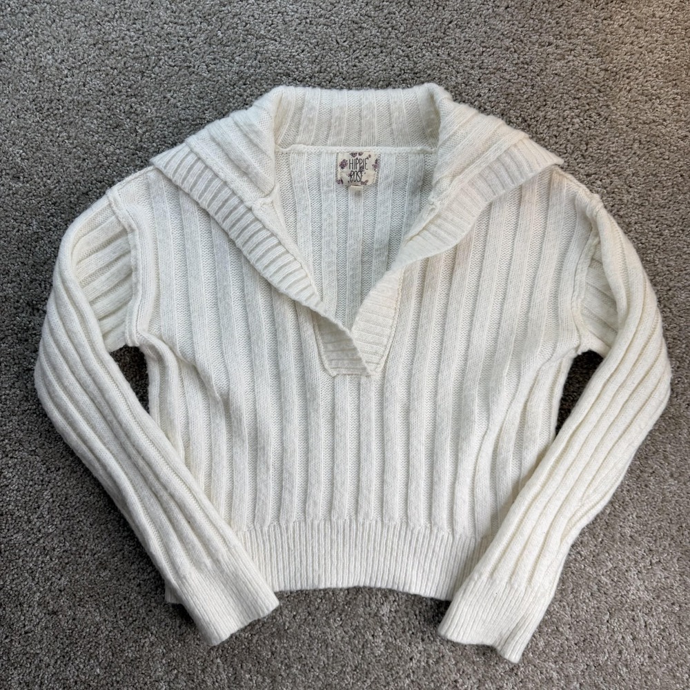 Hippie Rose Sweater Womens Juniors M White Shawl Collar Ribbed Knit Pullover